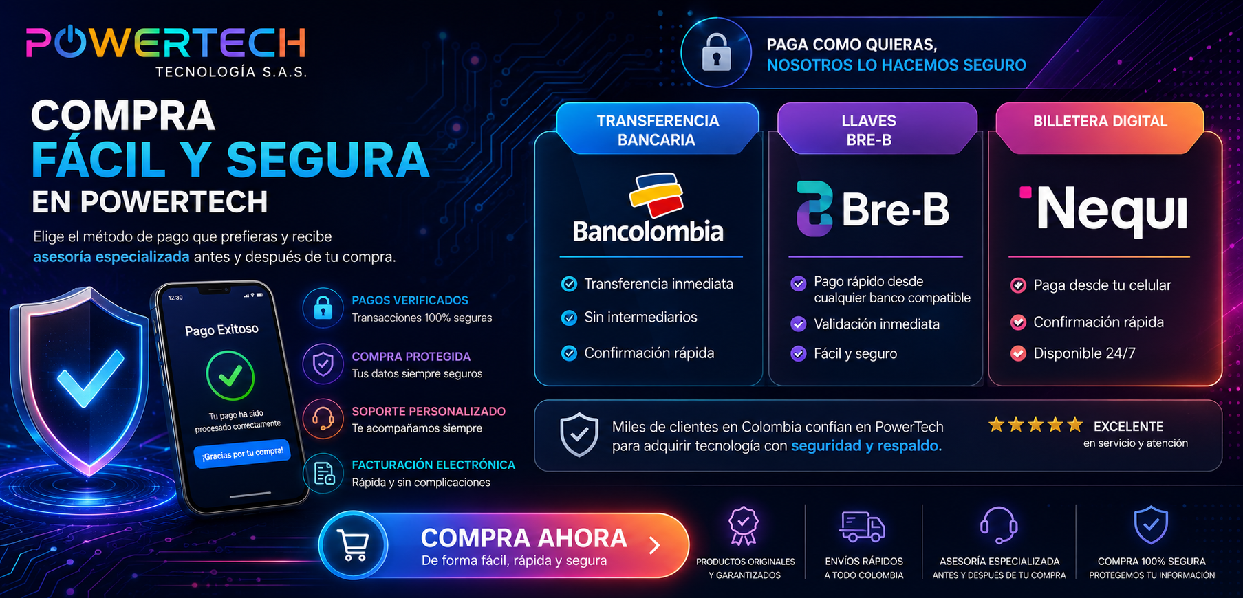 Descubre nuestros métodos de pago 100% seguros: tarjetas, transferencias y plataformas confiables. Compra con tranquilidad en PowerTech.com.co